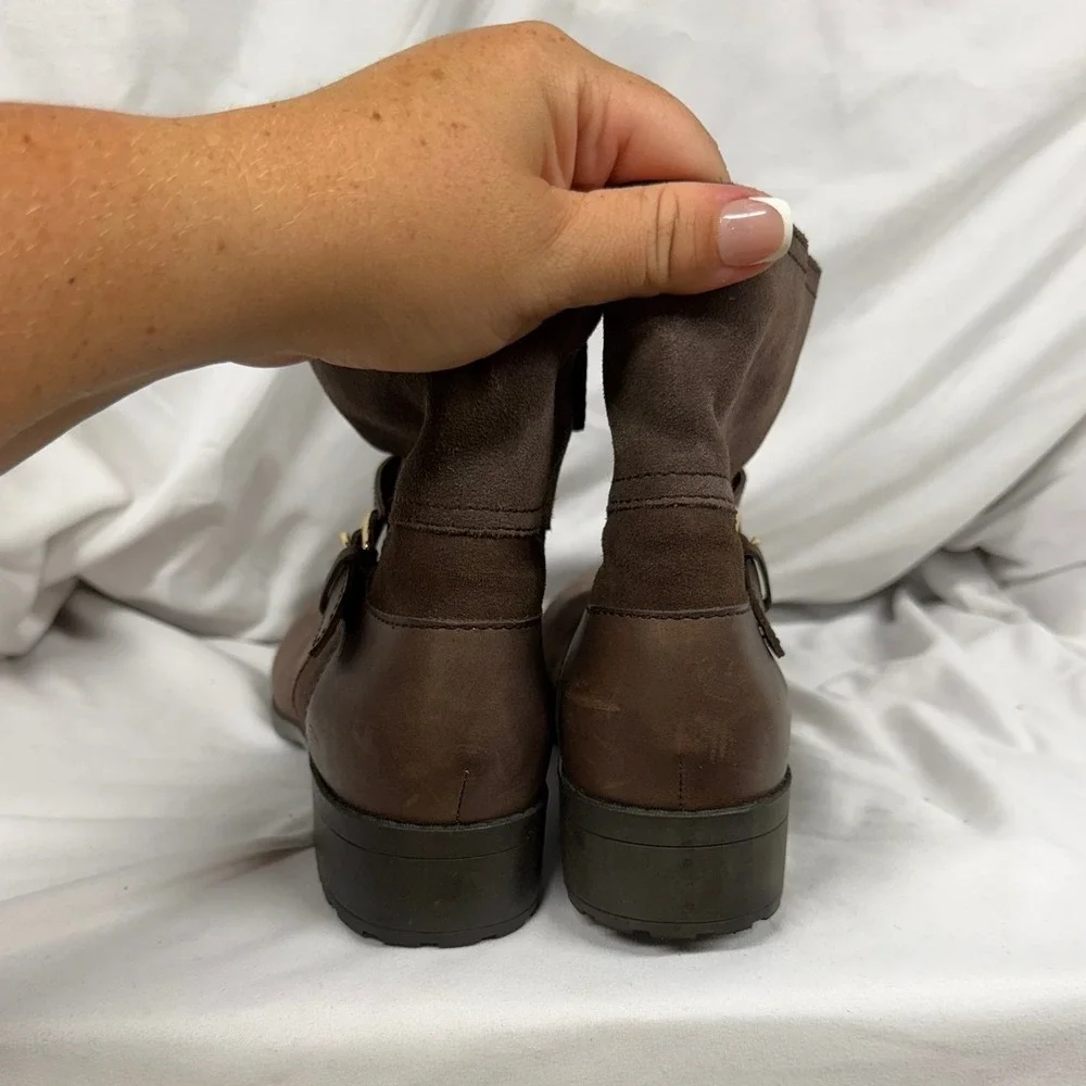 Cole Haan Women's 10B Waterproof Brown Suede Leather Chunky Buckle Booties